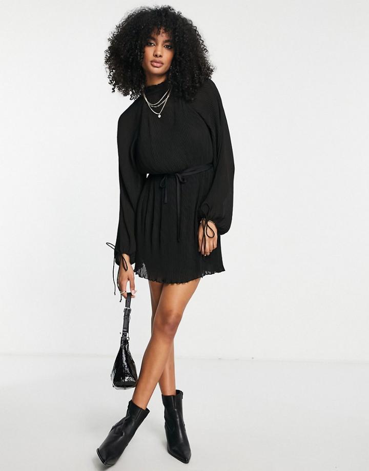 Asos Design High Neck Plisse Mini Dress With Blouson Sleeve And Tie Detail-black