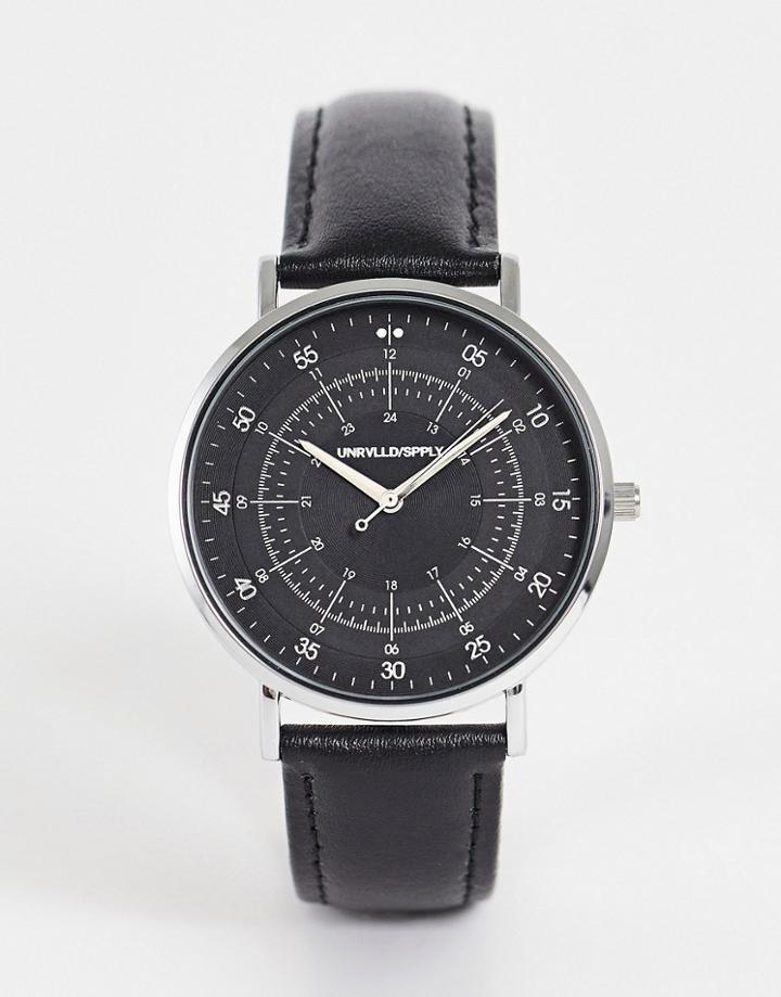 Asos Design Leather Classic Watch In Black Monochrome