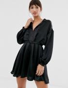 Asos Design Relaxed Shirt Mini Dress In Satin With Blouson Sleeve And Belt - Black