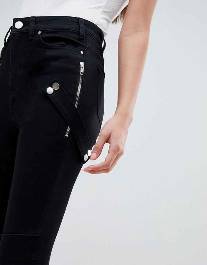 Asos Design Ridley High Waist Skinny Jeans In Clean Black With Detail - Black