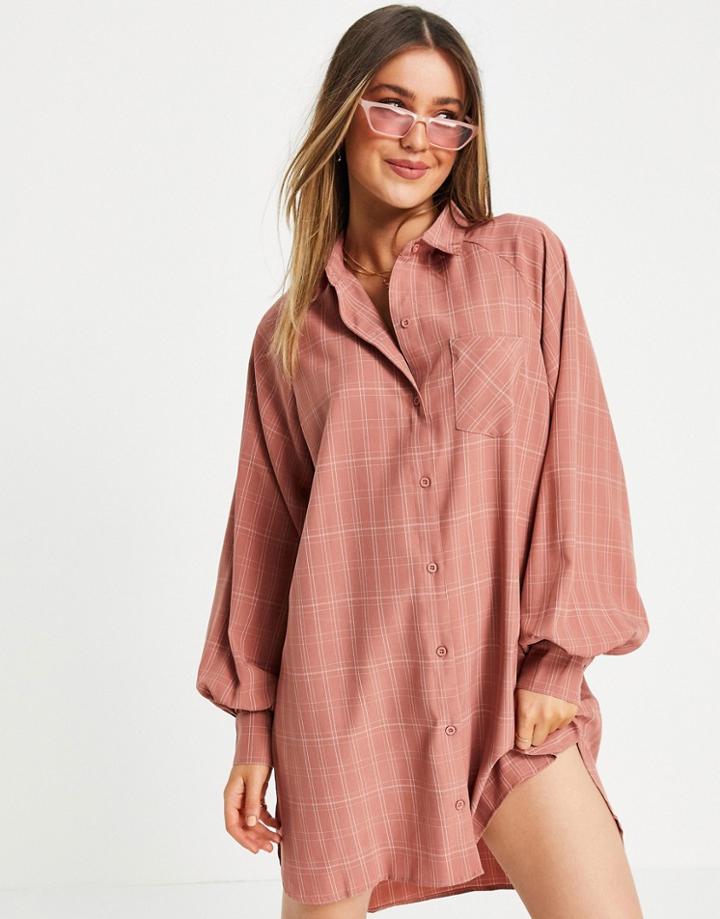 Lola May Oversized Dip Hem Shirt Dress In Rust Check-red
