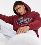 Asos Design Oversized Hoodie In Burgundy With Collegiate Text Print-red