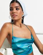 Pull & Bear Satin Cropped Open Back Top In Turquoise Print-blue