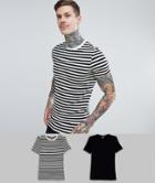 Asos Design Muscle Black Stripe/plain Black T-shirt 2 Pack Save - Multi