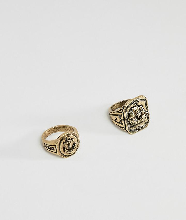 Asos Design Nautical Chunky Ring Pack In Burnished Gold - Gold