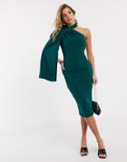 Lavish Alice One Shoulder Cape Midi Dress In Emerald Green