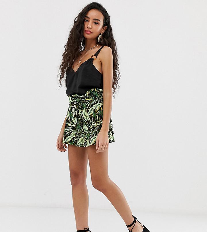 Asos Design Petite Paperbag Waist Short In Tropical Palm Print - Multi