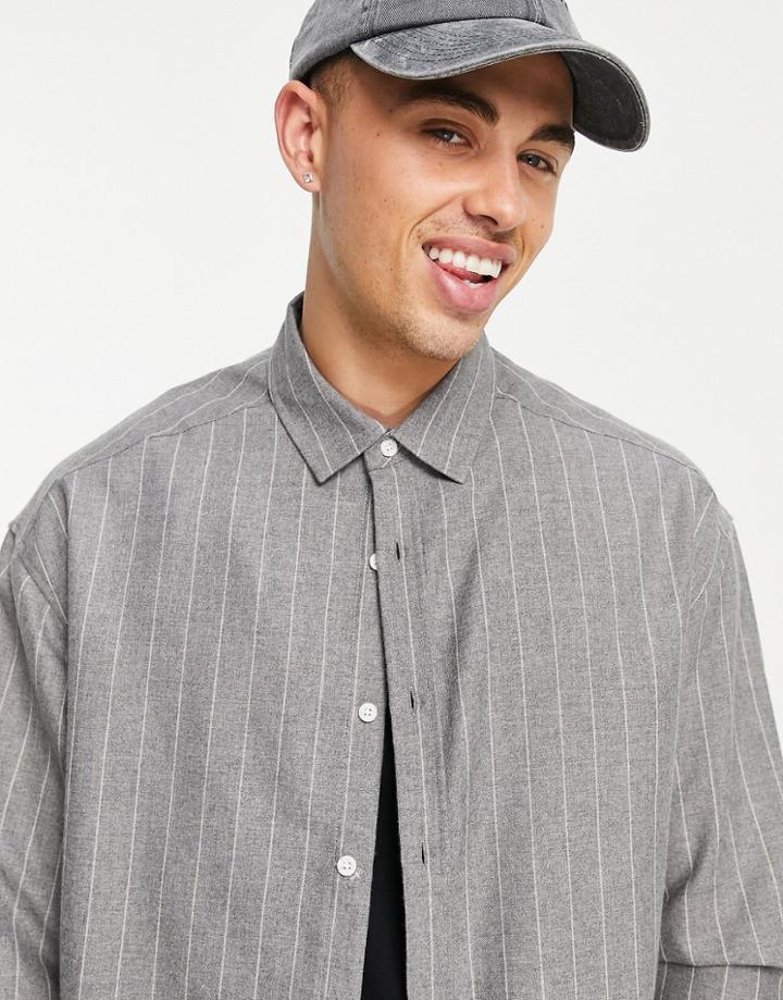 Asos Design Oversized Shirt In Gray Flannel Stripe-grey