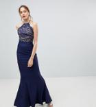 Jarlo Tall High Neck Lace Dress With Tie Back Detail - Navy
