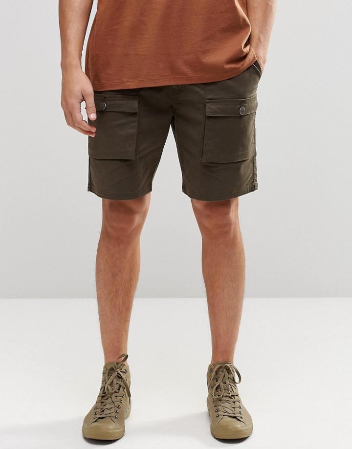 Asos Slim Mid Length Cargo Shorts In Khaki - Khaki