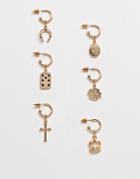 Asos Design Pack Of 6 Single Hoop Earrings With Charms In Gold Tone