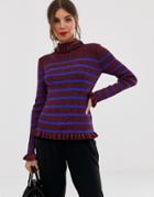 Y.a.s Rollneck Stripe Sweater With Frill Hems-purple