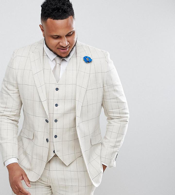 Gianni Feraud Plus Skinny Fit Wedding Windowpane Check Suit Jacket - Cream