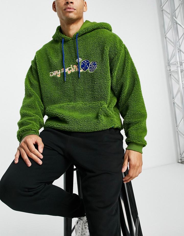 Asos Daysocial Oversized Hoodie In Teddy Fleece With Logo Embroidery In Green
