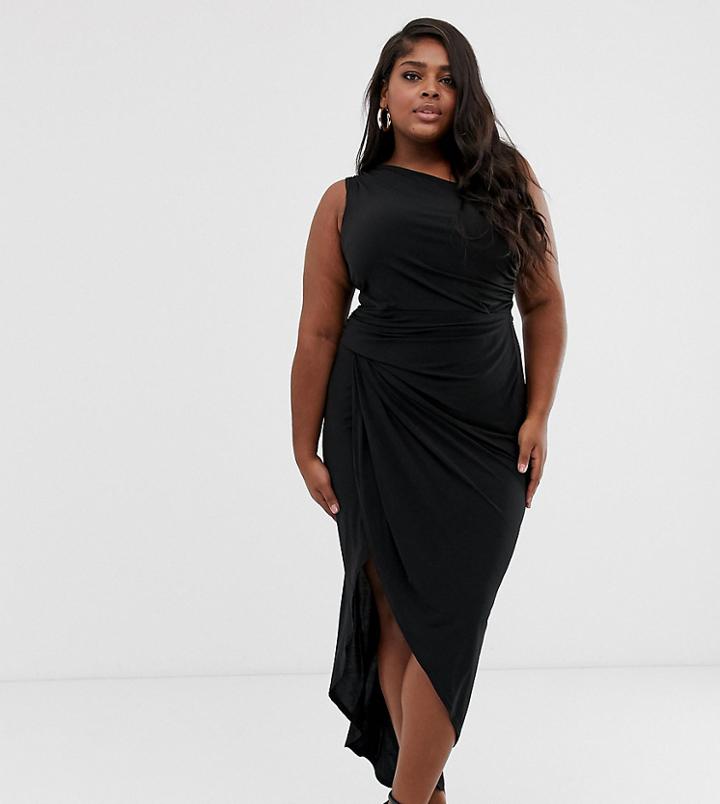 John Zack Plus One Shoulder Asymmetric Midi Dress With Thigh Split In Black - Black