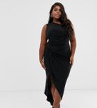 John Zack Plus One Shoulder Asymmetric Midi Dress With Thigh Split In Black - Black
