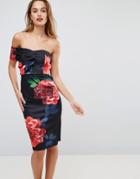 Asos One Shoulder Folded Floral Midi Bodycon Dress-multi