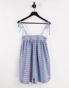 Asos Design Tie Shoulder Swing Romper In Mutli Check-multi