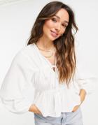 Asos Design Natural Crinkle Long Sleeve Button Front Blouse With Tie Front Detail In White-multi