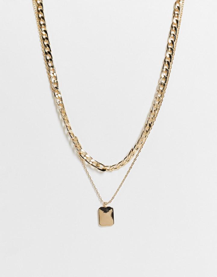 Asos Design Multirow Necklace With Square Pendant In Gold Tone