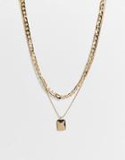 Asos Design Multirow Necklace With Square Pendant In Gold Tone