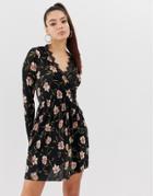 Asos Design Mini Plisse Wrap Dress With Lace Trim In Floral Print - Multi