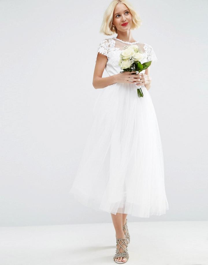 Asos Bridal Lace Applique Mesh Midi Prom Dress - White