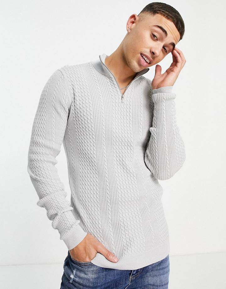 Asos Design Lightweight Cable Knit Half Zip Sweater In Gray-grey
