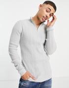 Asos Design Lightweight Cable Knit Half Zip Sweater In Gray-grey
