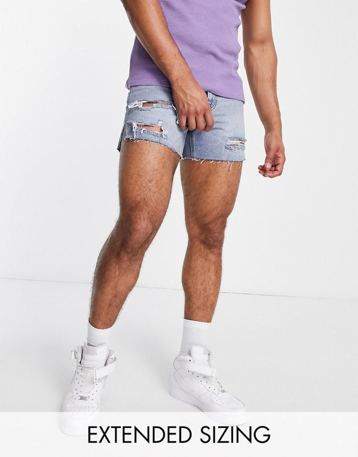 Asos Design Denim Shorts In Mid Wash With Heavy Rips In Shorter Length-blue