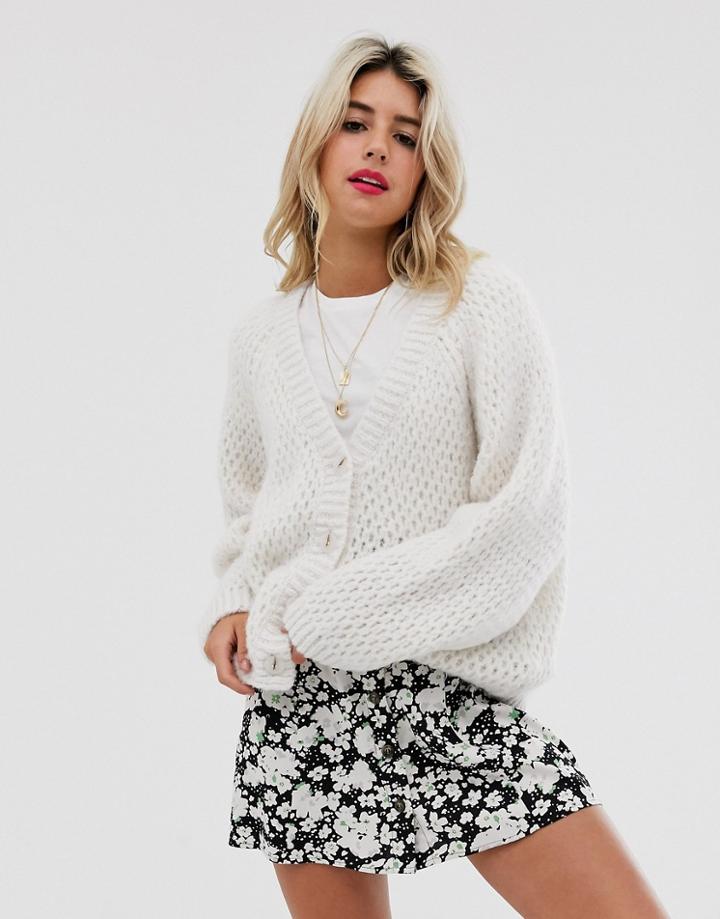 Asos Design Waffle Stitch Cardigan With Volume Sleeve - Cream