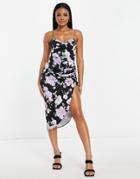 Asos Design Stretched Satin Cami Midi Body-conscious Dress With Ruched Side Detail In Dark Floral Print-multi