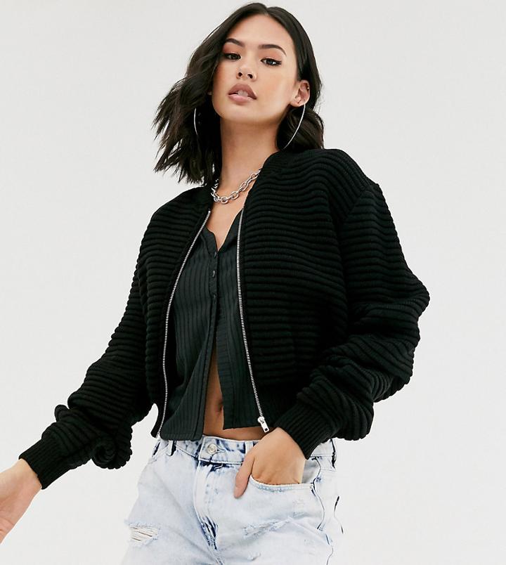 Another Reason Knitted Bomber Jacket With Zip Front - Black