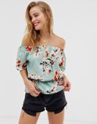 Parisian Bardot Top In Floral Print - Green