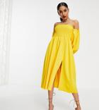 Asos Design Petite Shirred Bardot Blouson Sleeve Prom Midi Dress In Lemon-yellow