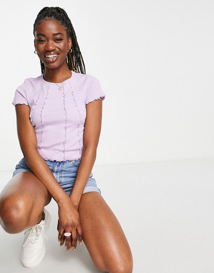 Monki Lettuce Seam Detail Cropped Tee In Lilac-purple