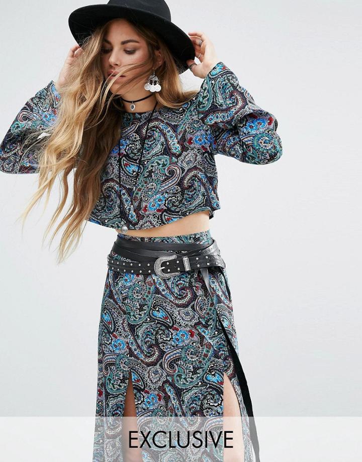 Reclaimed Vintage Inspired Flare Sleeve Crop Top Co-ord - Multi