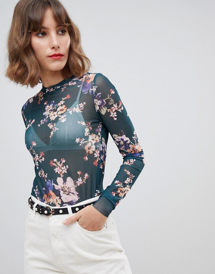 Stradivarius Floral Mesh Long Sleeved Top - Green