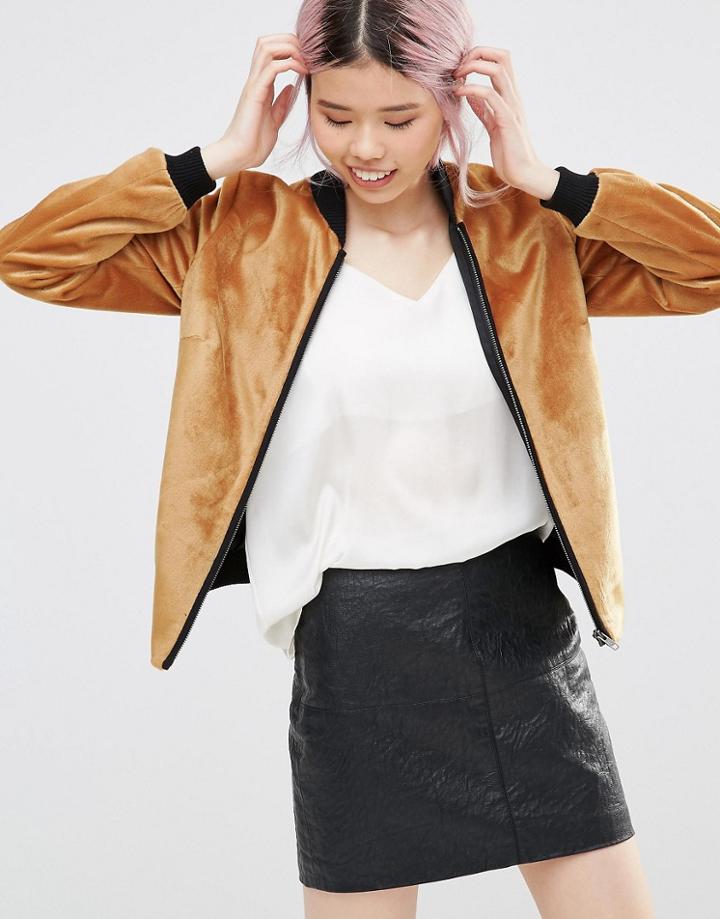Helene Berman Zip Front Bomber Jacket In Textured Mustard - Yellow