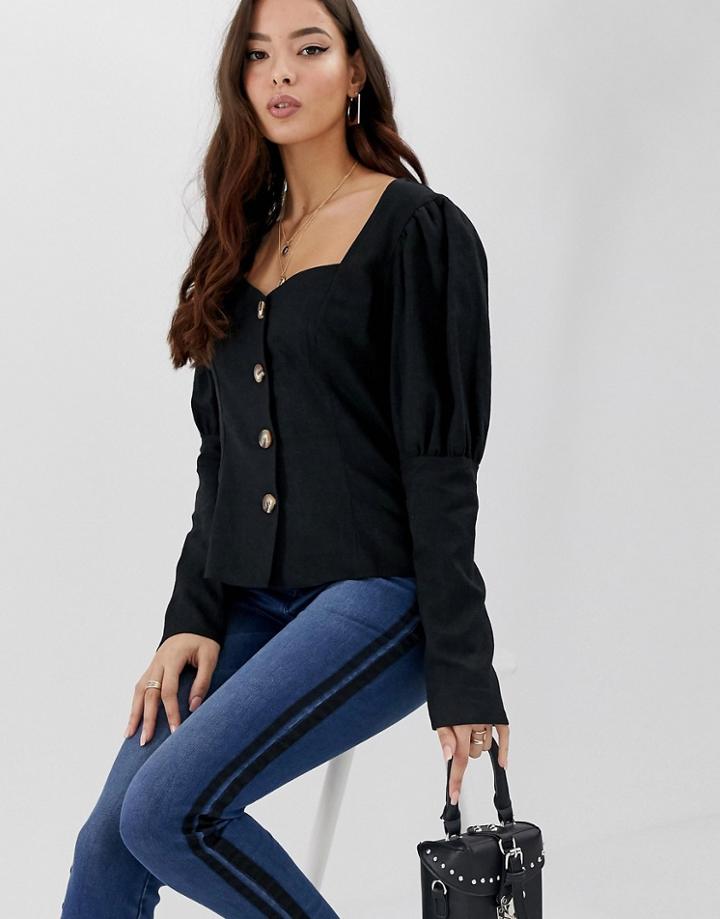 Asos Design Sweetheart Neck Long Sleeve Top In Linen With Contrast Buttons-black