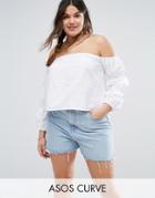 Asos Curve Off Shoulder Top In Self Stripe And Gathered Sleeve - Multi