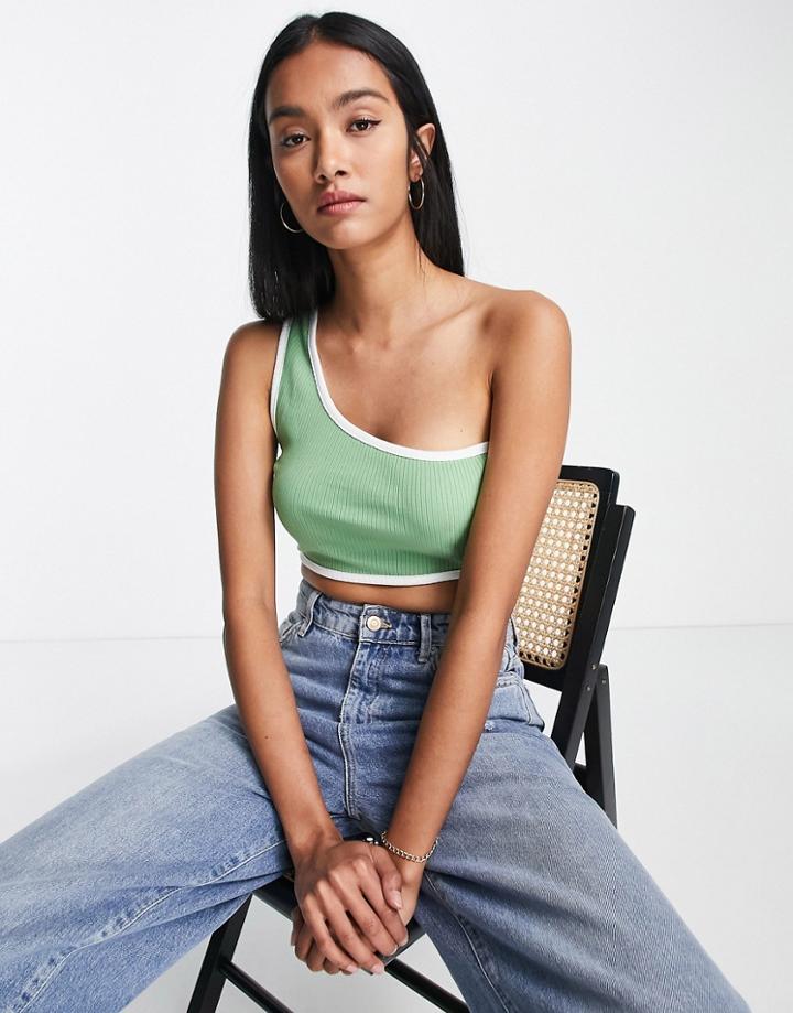 Asos Design Contrast Binding One Shoulder Top In Green