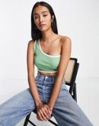 Asos Design Contrast Binding One Shoulder Top In Green