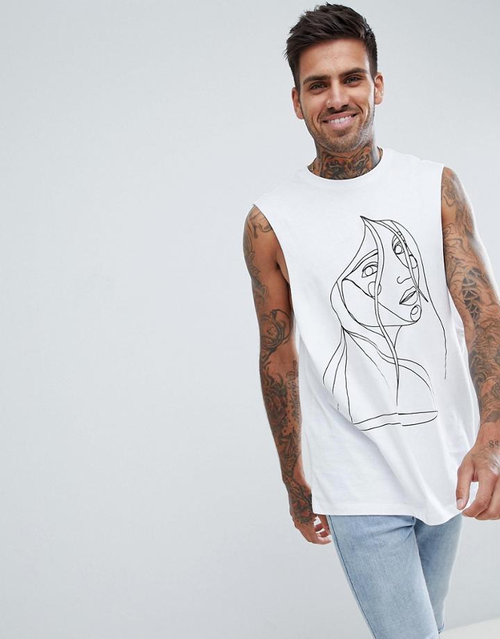 Asos Design Sleeveless T-shirt With Dropped Armhole With Face Print - White