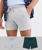Asos Design Jersey Skinny Shorts 2 Pack In Shorter Length Gray Marl/green-multi