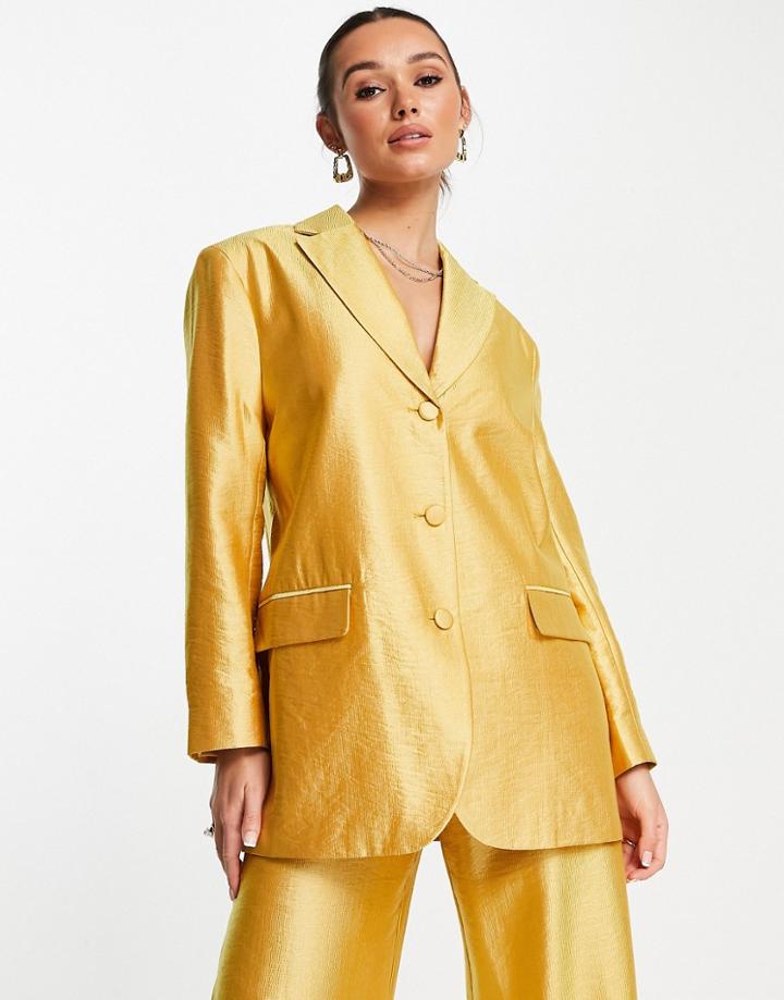 Asos Design Occasion Satin Dad Suit Blazer In Gold