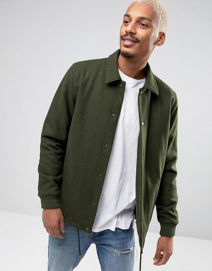 Asos Wool Mix Coach Jacket In Khaki - Green