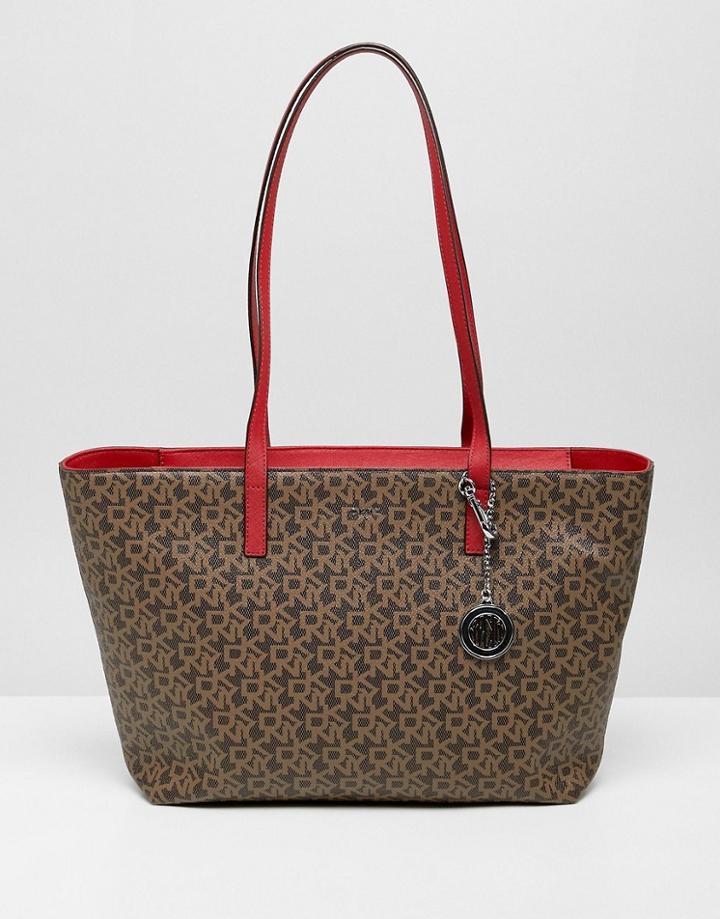 Dkny Logo Tote With Contrast Handle In Mocha - Brown