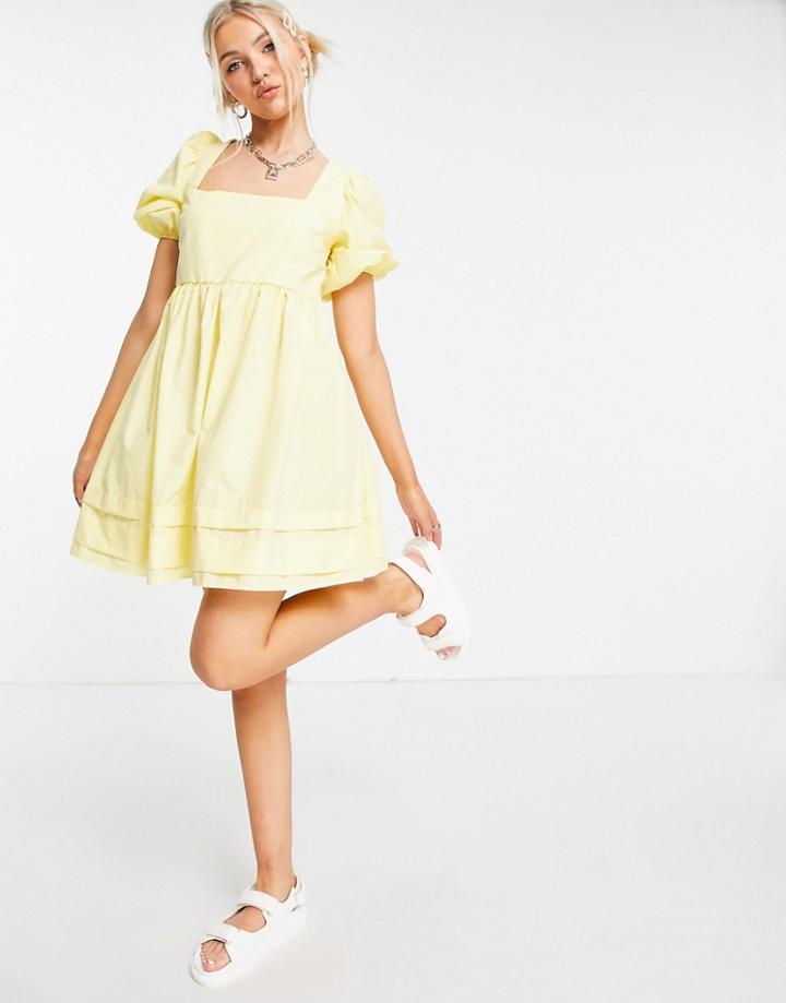 Asos Design Cotton Square Neck Mini Smock Dress With Open Tie Back In Lemon Yellow