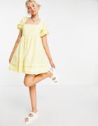 Asos Design Cotton Square Neck Mini Smock Dress With Open Tie Back In Lemon Yellow